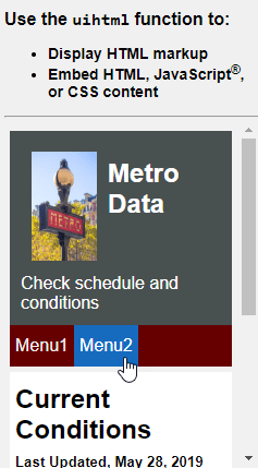 Two HTML UI components stacked vertically. The top component shows formatted text and the bottom component shows a web page.