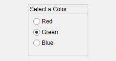 Button group labeled "Select a Color" with three vertically stacked radio buttons. From top to bottom, the radio buttons are labeled "Red", "Green", and "Blue".