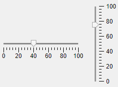 Two slider components, both with limits ranging from zero to 100. The slider on the left is in a horizontal orientation. Its value is set to 40. The slider on the right is in a vertical orientation and its value is set to 75.