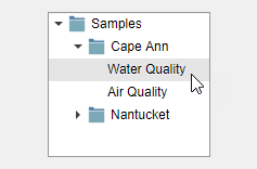 A tree with one node called "Samples" that is expanded to show its two nested nodes "Cape Ann" and "Nantucket". Each of these three nodes shows a blue file icon to the left of their label text. The "Cape Ann" node is also expanded to show two nested nodes called "Water Quality" and "Air Quality".