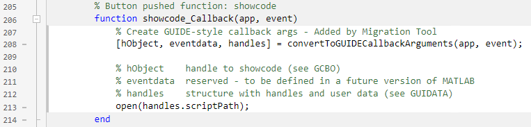 An example of a call to the convertToGUIDECallbackArguments function inside an App Designer callback.