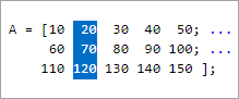 The variable A, defined as matrix with five columns and three rows. The second column of A is selected.