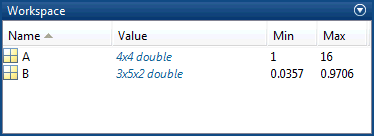 The pane has a row for each variable. The columns are Name, Value, Min, and Max. Value includes size and class.