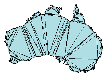 Plot of a land mass with a rough border that has triangles of various sizes superimposed.