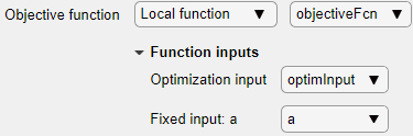 Local function objectiveFcn, optimization input optimInput, fixed input a