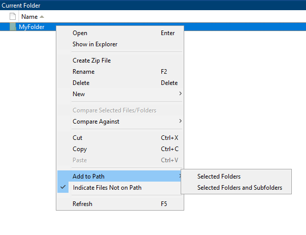 Context menu that appears when you right-click a folder in the Current Folder browser