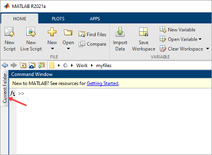 MATLAB desktop with the Current Folder browser minimized