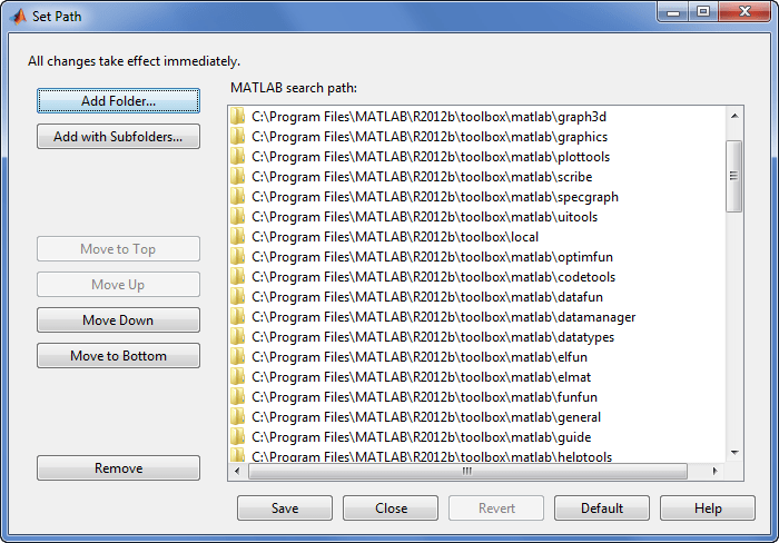 Set Path dialog box showing several MATLAB search paths