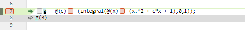 Script showing a line of code with two anonymous functions. The line has a green arrow and green highlighting, indicating that MATLAB is paused at that line. The line below it is highlighted in gray, indicating that it is the line that called the anonymous functions.