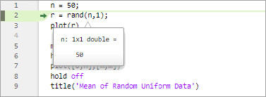 plotRand script paused at line two with a data tip showing the value of the variable n