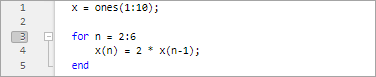 Script showing a dark gray, invalid breakpoint at line three