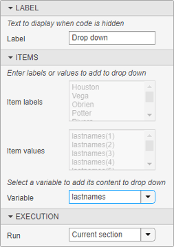 Drop-down list configuration menu with the lastnames variable selected and the lists of item labels and item values populated with the variable values