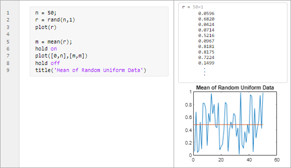plotRand live script with the semicolon removed from the end of line two and the resulting output, the value of r, displayed on the right