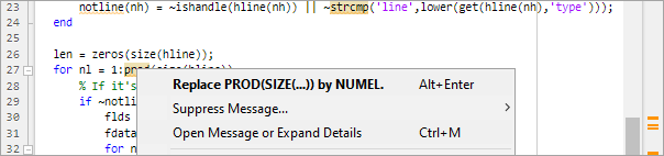 lengthofline file in the Editor showing the context menu. The first item in the menu is the suggested fix.