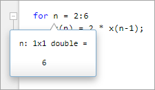 Script with a data tip showing the value of the variable n
