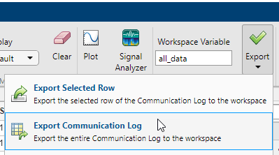 Serial Explorer app showing Export Communication Log option.