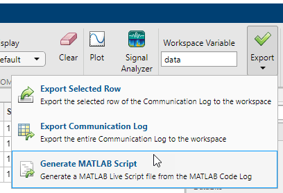 TCP/IP Explorer app showing Generate MATLAB Script option.