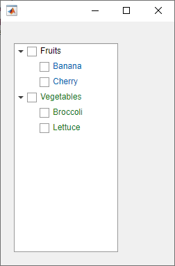 A check box tree with nodes listing fruits and vegetables. The Banana and Cherry nodes are blue, and the Vegetables, Broccoli, and Lettuce nodes are green.