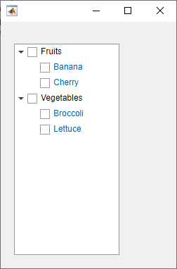 A check box tree with nodes listing fruits and vegetables. The Banana, Cherry, Broccoli, and Lettuce nodes are blue.