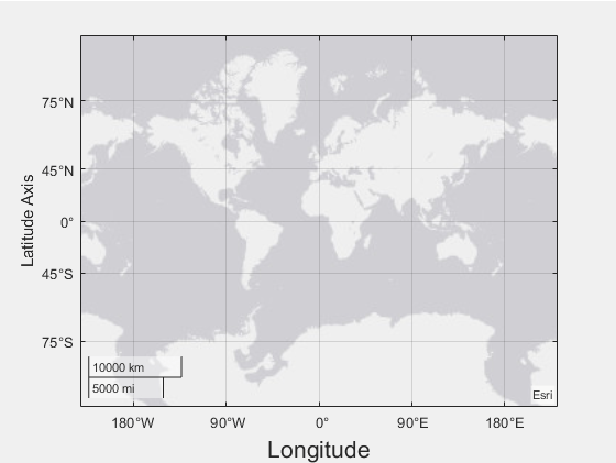 Geographic axes with customized latitude and longitude axis labels. The latitude axis label has updated text and the longitude axis label is larger.