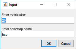 Input dialog box with two edits fields for entering matrix size and colormap name. OK and Cancel buttons appear below the edit fields.