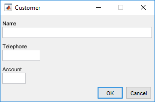 Input dialog box with three edit fields of different lengths for entering customer name, telephone number, and account number.