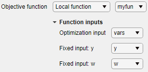 Optimization input = "vars", Fixed input y = "y", Fixed input w = "w"