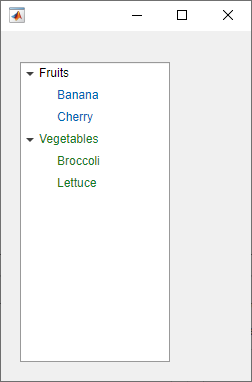 A tree with nodes listing fruits and vegetables. The Banana and Cherry nodes are blue, and the Vegetables, Broccoli, and Lettuce nodes are green.