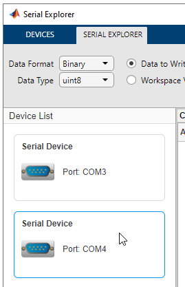 Serial Explorer app showing Device List pane.