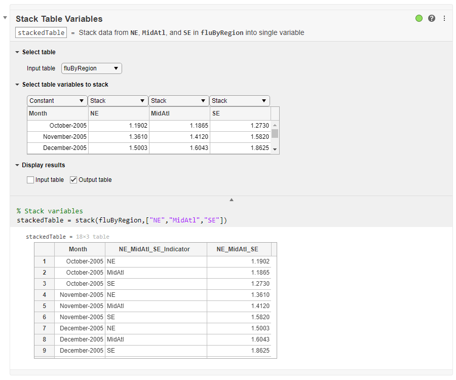 Stack Table Variables task in Live Editor