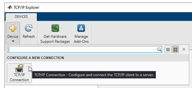 TCP/IP Explorer app with Device and TCP/IP Connection selected.