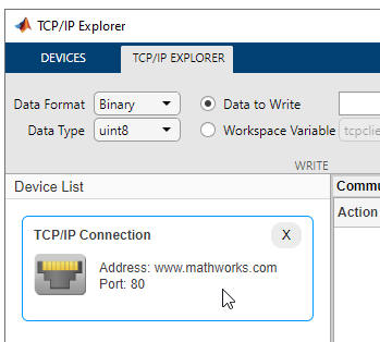 TCP/IP Explorer app showing TCP/IP Explorer tab and Device List pane.