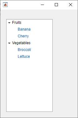 A tree with nodes listing fruits and vegetables. The Banana, Cherry, Broccoli, and Lettuce nodes are blue.