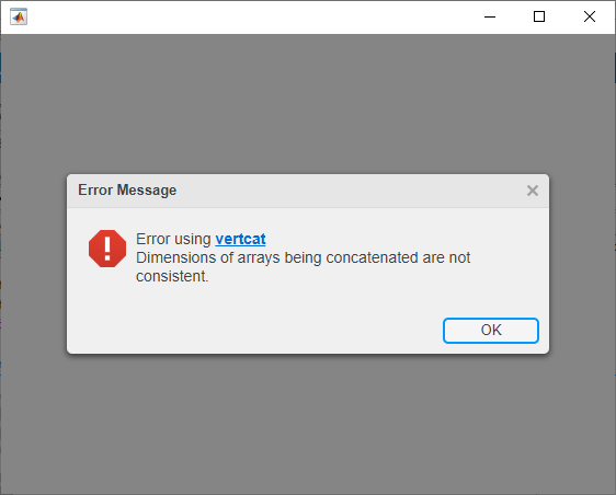 Alert dialog box. The message says: "Error using vertcat. Dimensions of arrays being concatenated are not consistent". The word "vertcat" is a blue hyperlink.