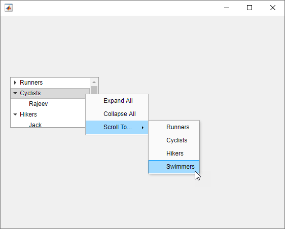 Tree with a context menu. The context menu is associated with the Cyclists node. The "Scroll To" option is highlighted and it has a submenu with the options Runners, Cyclists, Hikers, and Swimmers.