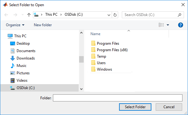 Folder selection dialog box. The dialog lists the available folders on the drive, and has a Select Folder button and a Cancel button in the bottom right.