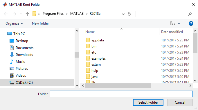 Folder selection dialog box. The dialog title is MATLAB Root Folder.