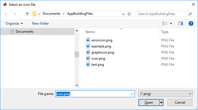 File selection dialog box. The title of the dialog box is Select an icon file and the default file name is icon.png. The visible files are .png files.