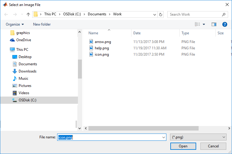 File selection dialog box. The title of the dialog box is Select an Image File. The dialog is open to the C:\Documents\Work folder and the default file name is icon.png. The visible files are .png files.