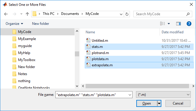 File selection dialog box. The title of the dialog box is Select One of More Files. Multiple files in the dialog are selected.