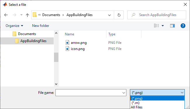 File selection dialog box. The title of the dialog box is Select a file. The dialog is open to the C:\Documents\AppBuildingFiles folder and the file filter drop-down contains a .png and a .m filter.