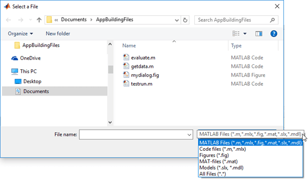 File selection dialog box. The file filter drop-down lists the specified file filter descriptions. The visible files are .m and .fig files.