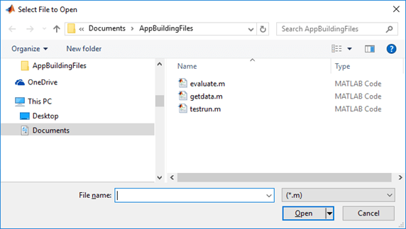 File selection dialog box. The visible files are .m files and the file filter drop-down reads (*.m).