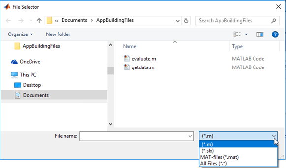 File selection dialog box. The file filter drop-down has an option for each specified file extension, and (*.m) is selected. The visible files are .m files.