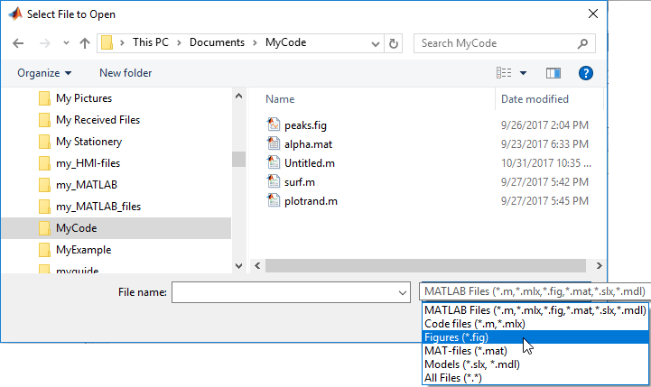 File selection dialog box. The dialog shows files with various extensions, and the file filter drop-down contains the extensions types.
