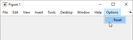 A figure window with a menu bar. The menu items are "File", "Edit", "View", "Insert", "Tools", "Desktop", "Window", "Help", and "Options". The "Options" item is selected, and displays a drop-down with a "Reset" option.