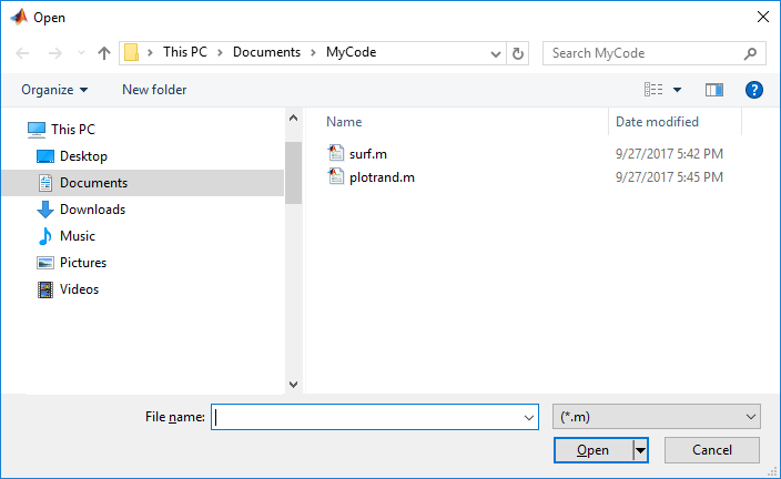 Open dialog box. The list of files only contains .m files. The file filter drop-down value is (*.m).