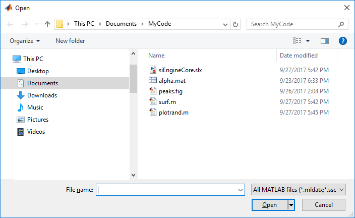 Open dialog box. The dialog box contains a panel with a list of folders, and a panel with a list of files in the currently selected folder. The bottom of the box has a field for the selected file name, a drop-down list with file filters, an Open button, and a Cancel button.
