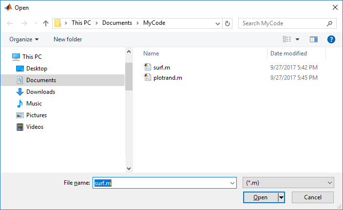 Open dialog box. The file name edit field displays "surf.m".