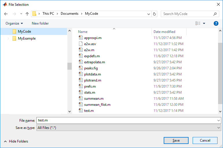 File selection dialog box with many files displayed. The dialog title is File Selection and the text in the File name edit field is test.m.